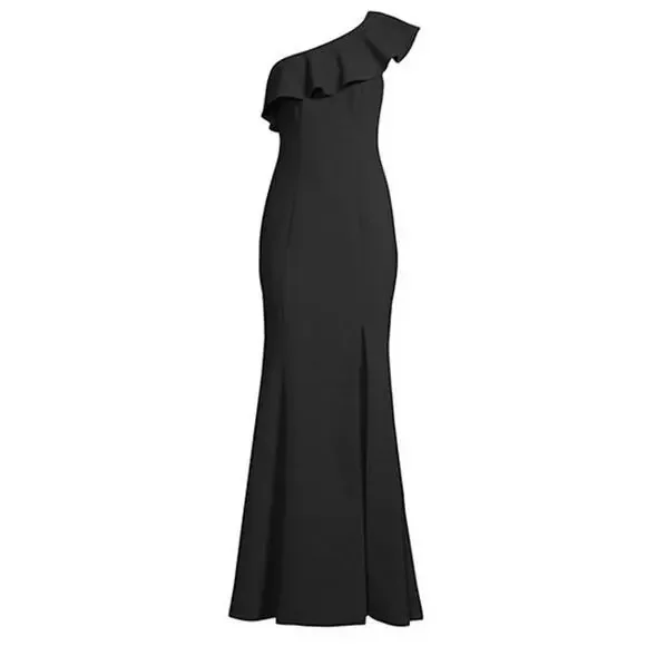 Likely Kane One Shoulder Ruffle Gown Black Formal Maxi Dress Size 2 Slit Elegant